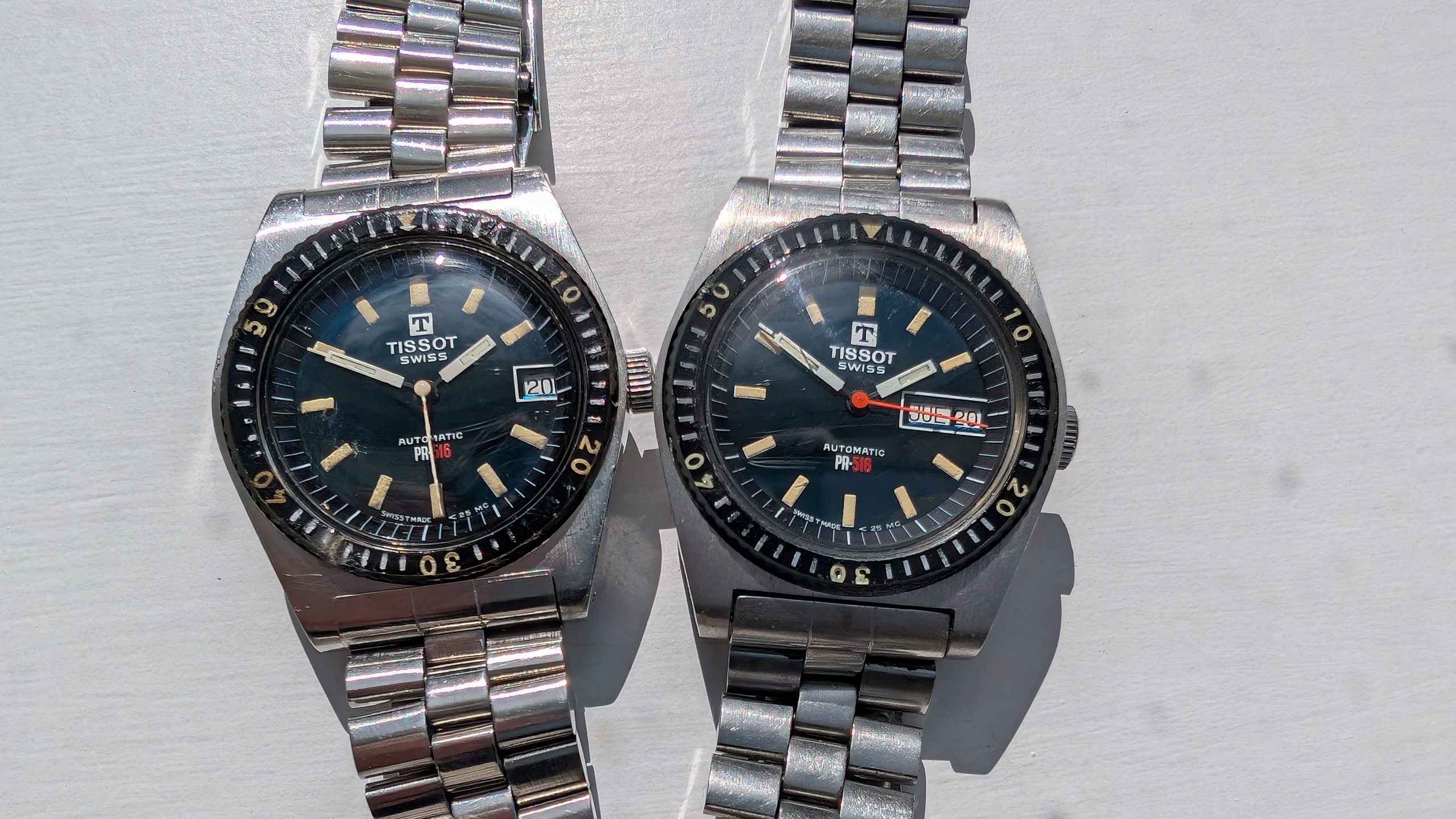 Two Tissot PR-516 dive style watches, one as worn by Roger Moore in Live & Let Die